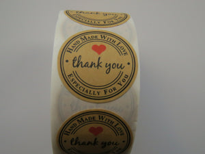 500 Stickers with Handmade with Love Especially for you on the circumference and Thank you in the centre 25mm