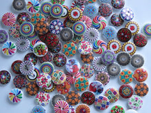 Load image into Gallery viewer, 20 mixed print miscellaneous patterns. buttons 15mm 2 holes with white back.