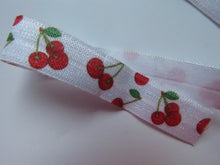 Load image into Gallery viewer, 5m Red Cherry print on white Fold over Elastic FOE Fold over elastic 15mm wide