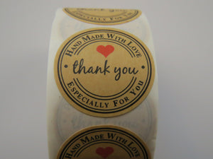 500 Stickers with Handmade with Love Especially for you on the circumference and Thank you in the centre 25mm