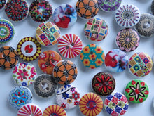 Load image into Gallery viewer, 20 mixed print miscellaneous patterns. buttons 15mm 2 holes with white back.