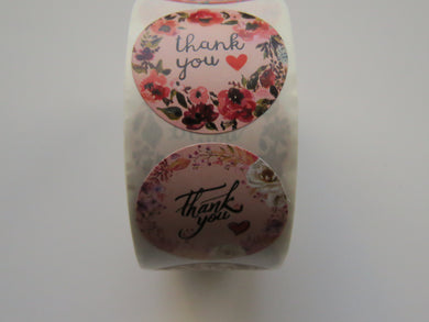 500 Stickers- mixed print floral Thank you in centre 25mm