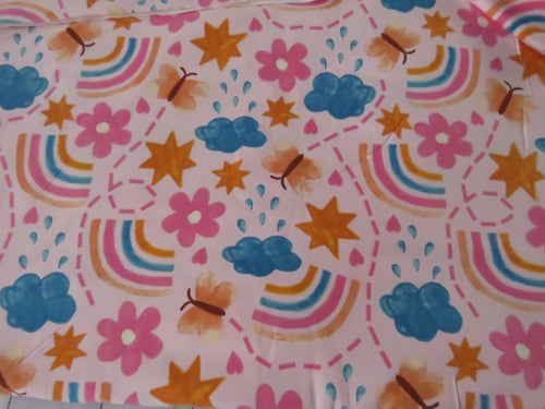 92cm Rainbow Butterfly and Flowers on pink background organic cotton spandex jersey knit 160cm