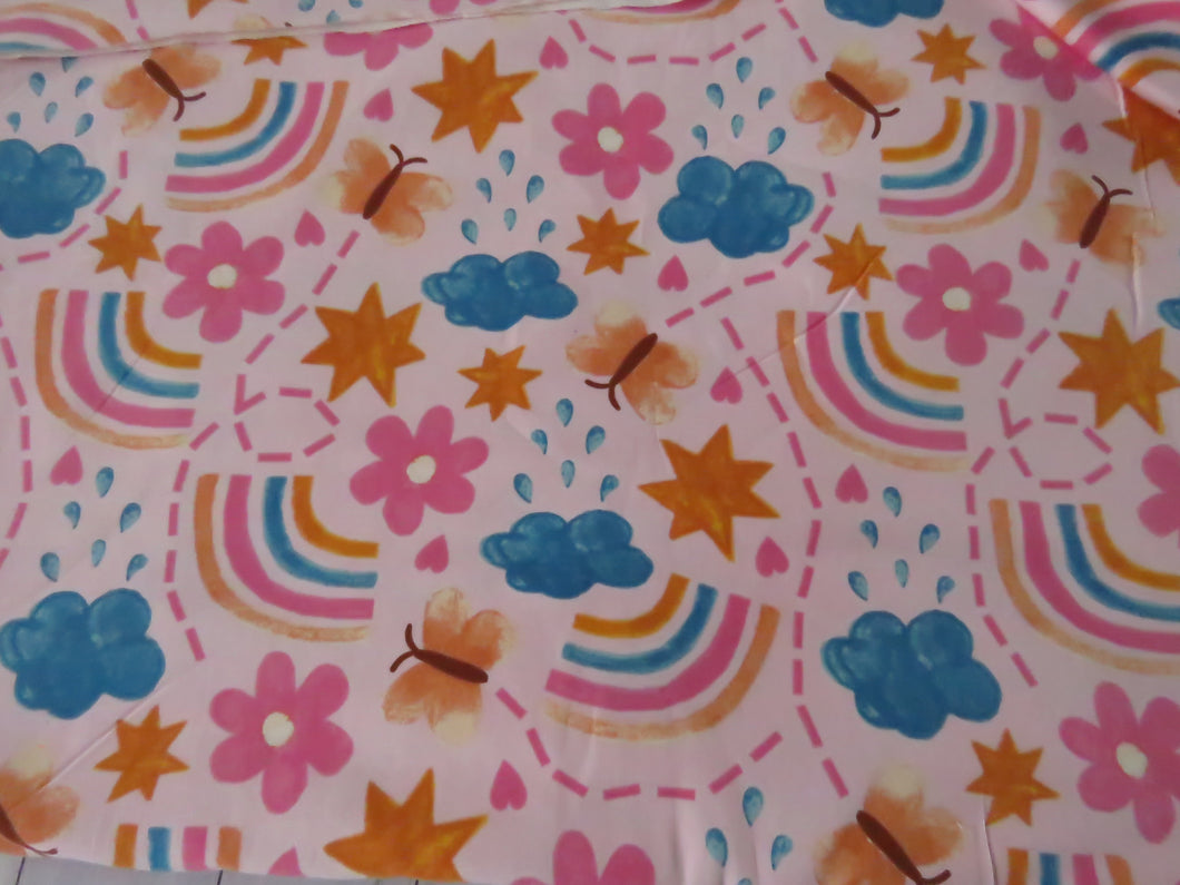 92cm Rainbow Butterfly and Flowers on pink background organic cotton spandex jersey knit 160cm