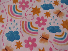 Load image into Gallery viewer, 92cm Rainbow Butterfly and Flowers on pink background organic cotton spandex jersey knit 160cm