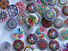 Load image into Gallery viewer, 20 mixed print miscellaneous patterns. buttons 15mm 2 holes with white back.
