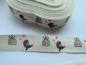 1.4m Bird with Pink heart and birdcage Printed cotton tape