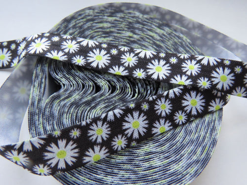 4.6m White Daisy on black 15mm wide fold over elastic