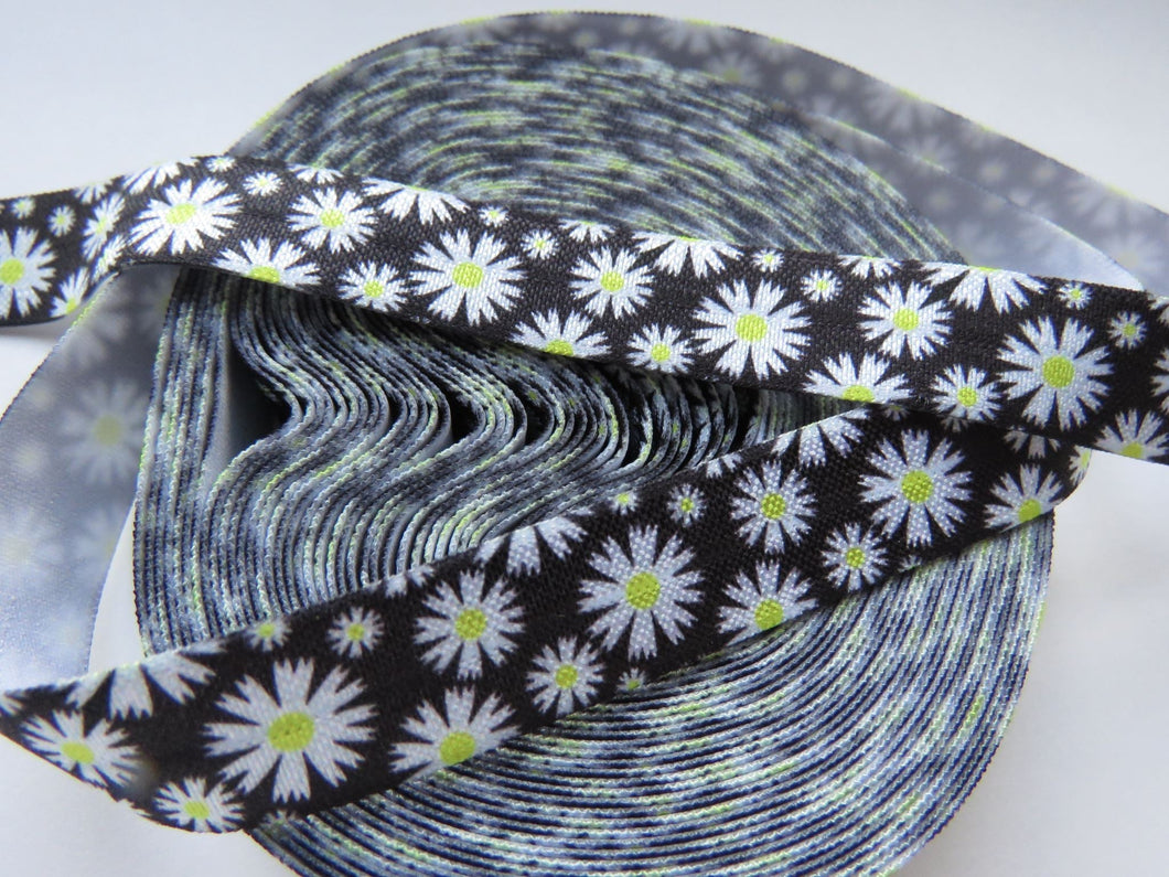 5m White Daisy on black 15mm wide fold over elastic