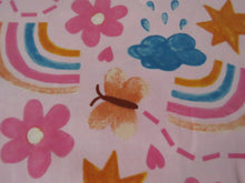Load image into Gallery viewer, 92cm Rainbow Butterfly and Flowers on pink background organic cotton spandex jersey knit 160cm