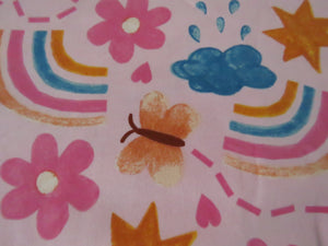 92cm Rainbow Butterfly and Flowers on pink background organic cotton spandex jersey knit 160cm