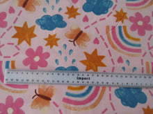 Load image into Gallery viewer, 92cm Rainbow Butterfly and Flowers on pink background organic cotton spandex jersey knit 160cm