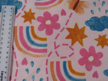 Load image into Gallery viewer, 92cm Rainbow Butterfly and Flowers on pink background organic cotton spandex jersey knit 160cm