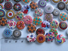Load image into Gallery viewer, 20 mixed print miscellaneous patterns. buttons 15mm 2 holes with white back.