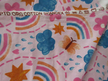 Load image into Gallery viewer, 92cm Rainbow Butterfly and Flowers on pink background organic cotton spandex jersey knit 160cm
