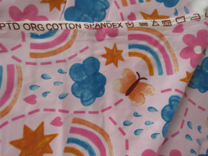 92cm Rainbow Butterfly and Flowers on pink background organic cotton spandex jersey knit 160cm