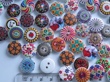 Load image into Gallery viewer, 20 mixed print miscellaneous patterns. buttons 15mm 2 holes with white back.
