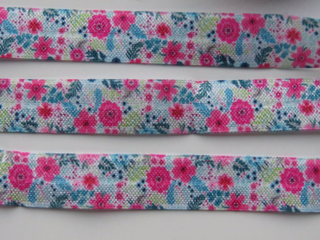 4.7m Pink blue yellow floral flower print Fold Over Elastic FOE Foldover 15mm