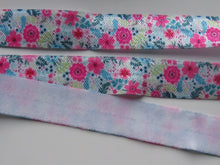 Load image into Gallery viewer, 4.7m Pink blue yellow floral flower print Fold Over Elastic FOE Foldover 15mm