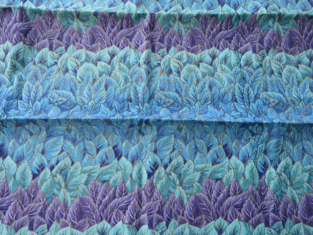 Blue teal purple green leaf print outlined in gold patchwork quilting 100% cotton 30cm L x 112cm w