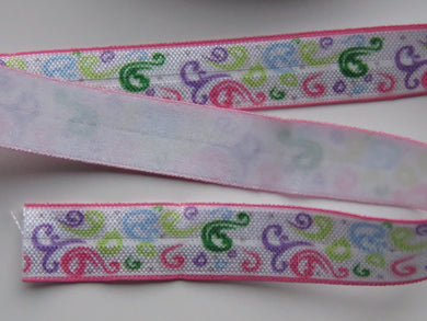2m pink and green swirls with pink border print fold Over Elastic FOE Foldover 15mm