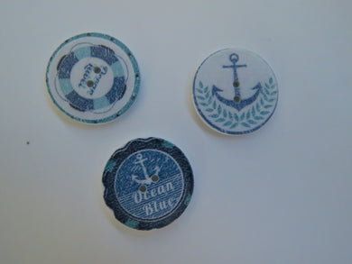 3 x nautical print buttons 25mm diameter