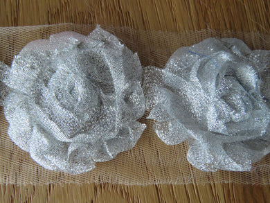 3 Silver Sparkle Shabby Chic Flowers 50mm diameter
