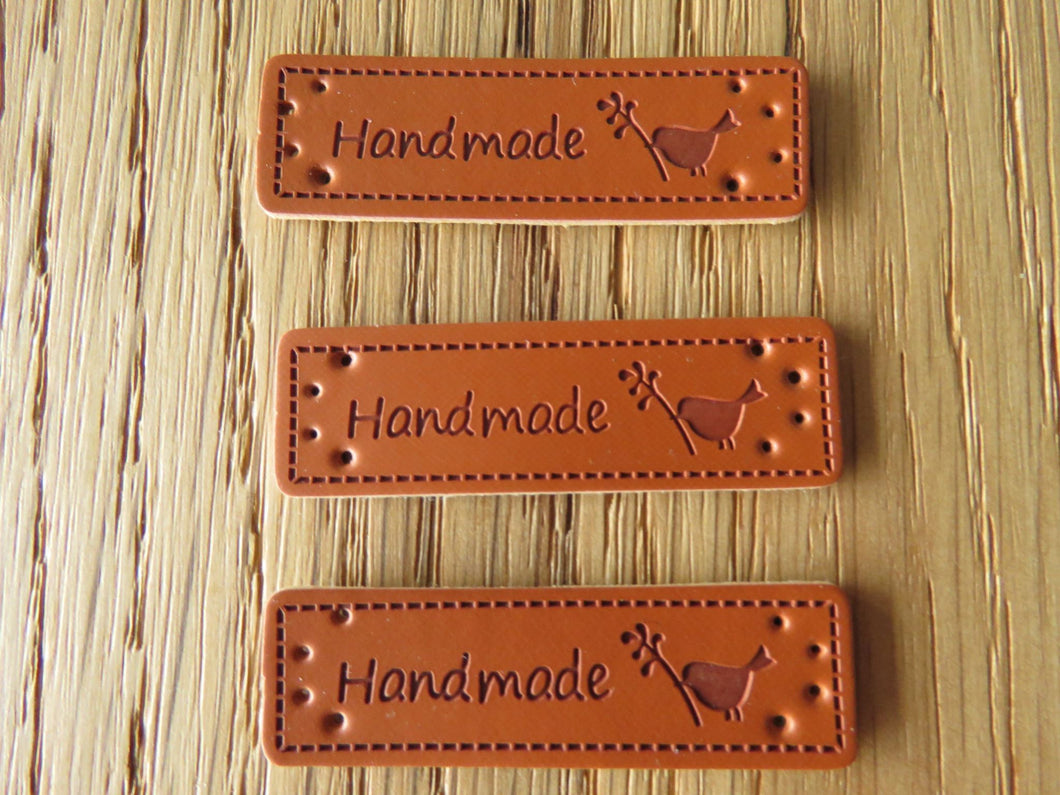50 PU Leather Bird with Twig handmade labels 50x 15mm