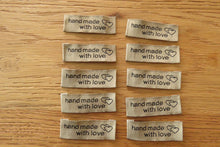 Load image into Gallery viewer, 10  Bronze  Handmade With Love and 2 Hearts Labels 55 x 15mm