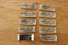 Load image into Gallery viewer, 10  Bronze  Handmade With Love and 2 Hearts Labels 55 x 15mm