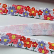 Load image into Gallery viewer, Save 50% for 5m Purple Orange Retro Flower Print 15mm wide fold over elastic