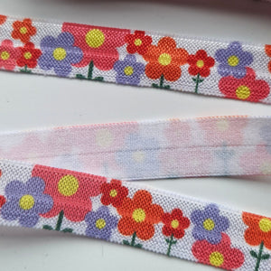 Save 50% for 5m Purple Orange Retro Flower Print 15mm wide fold over elastic