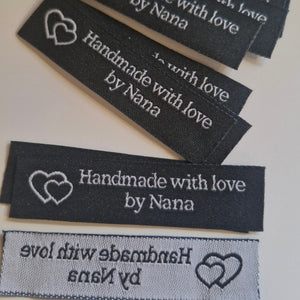 10 Black with White Font Made with Love by Nana 60mm x 15mm woven sewing labels