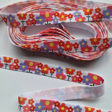 Save 50% for 5m Purple Orange Retro Flower Print 15mm wide fold over elastic