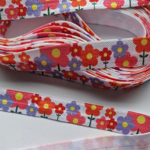 Save 50% for 5m Purple Orange Retro Flower Print 15mm wide fold over elastic