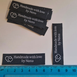 10 Black with White Font Made with Love by Nana 60mm x 15mm woven sewing labels