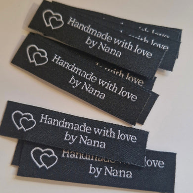 10 Black with White Font Made with Love by Nana 60mm x 15mm woven sewing labels