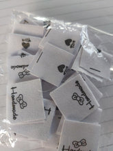 Load image into Gallery viewer, 50 Bow Handmade Labels with heart (love) on other side 20 x 20mm