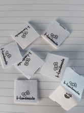 Load image into Gallery viewer, 50 Bow Handmade Labels with heart (love) on other side 20 x 20mm