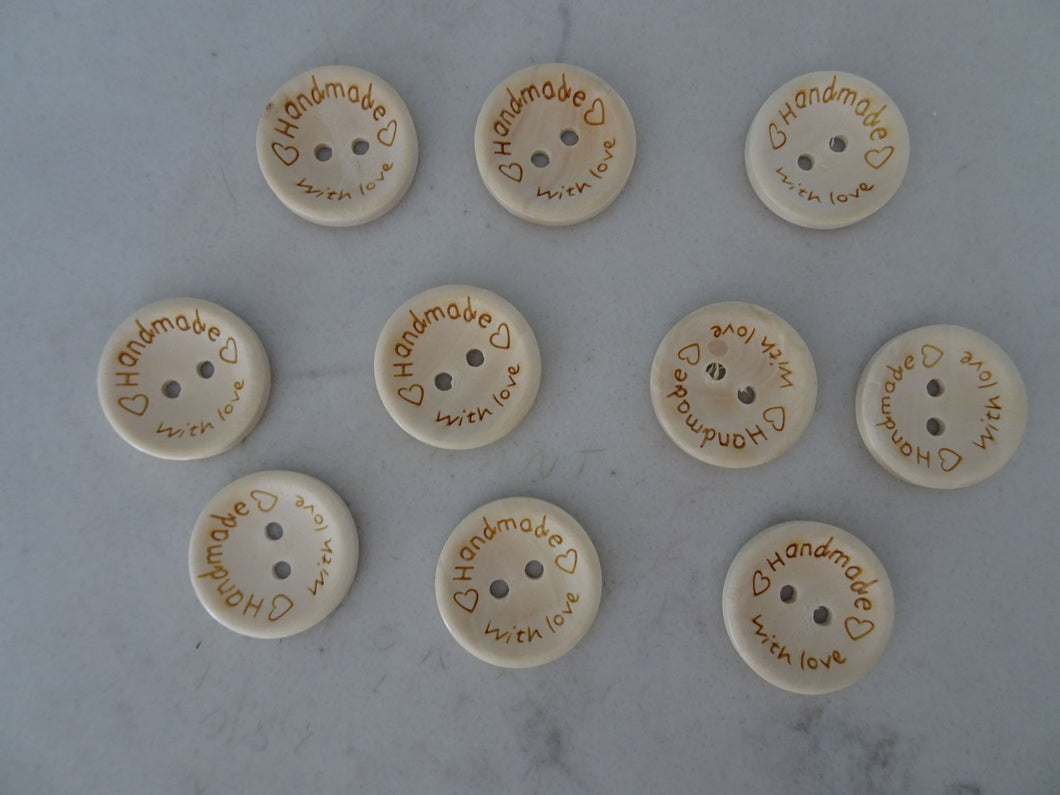 20mm x 50 Handmade with Love with 2 Hearts Plain Wooden Buttons 20mm diameter