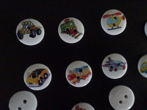 50 White Mixed transport -Car Plane ship submarine Helicopter bus etc Buttons 15mm