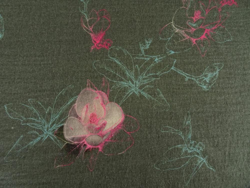 1.5m Pink Teal Flower Soft Green 100% Merino 190g Jersey Knit-precut piece
