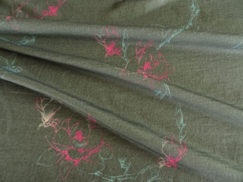 1m Pink Teal Flower Soft Green 100% Merino Jersey 190g- precut 1m only.