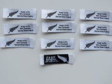 Load image into Gallery viewer, 10 Fern symbol White Made with NZ Merino wool fabric woven labels 50 x 15mm