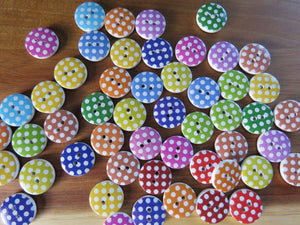 10 Mixed Colour White spots Print 15mm buttons- white back 2 holes