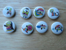 Load image into Gallery viewer, 10 Mixed Print Animal Buttons 15mm owl, lion, turtle, hippo, penguin,elephant