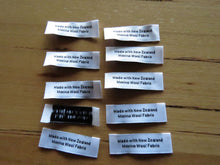Load image into Gallery viewer, 10 Black Satin washing instructions and 10 White Made with New Zealand Merino wool labels