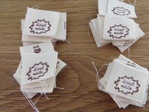5 Hand made with a twig leaf border cotton flag labels. 2 x 2cm