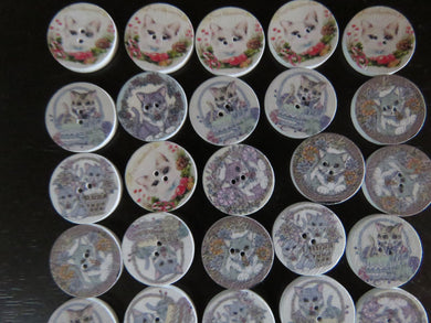 11 Cat in a basket or amongst flowers 20mm buttons white back 2 holes