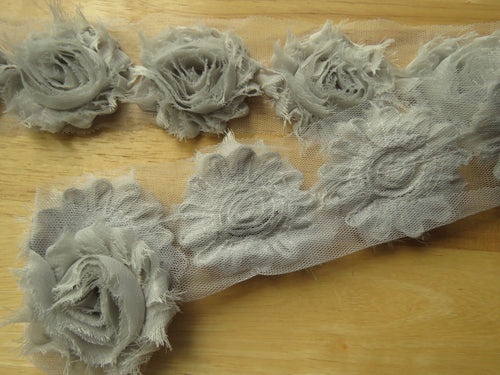 3 Silver Grey chiffon shabby chic flowers approx. 60mm in diameter on mesh back